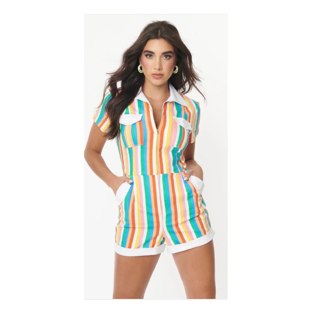 Unique Vintage Striped Short Sleeve Romper Womens S/M Retro Colorful Festival